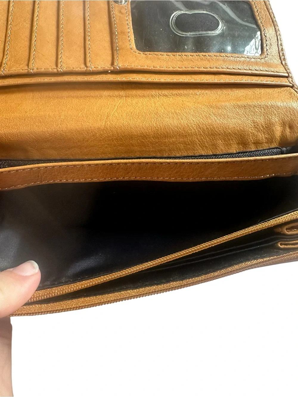 Tignanello Genuine Leather Wallet Camel Brown Bifold Organizer Zip Pockets